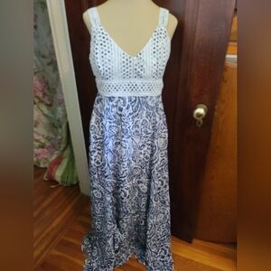 Blue & White Maxi Dress W/ Crochet Top- Size Medium